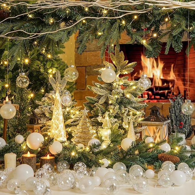 XmasExp 32ct Christmas Ball Ornaments Set -White Clear Plastic Shatterproof Xmas Tree Ball Decorations Hanging Baubles for Holiday Decor