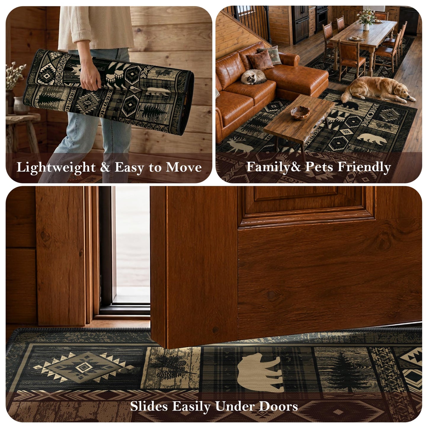 Rustic Cabin Living Room Rug 5x7, Washable Upgrade Non-Slip Animal Bear Deer Wildlife Print Pattern Area Rugs Low Pile Ultra-Thin Lodge Hunting Carpet for Bedroom, Dining Room, Office, Walnut Brown