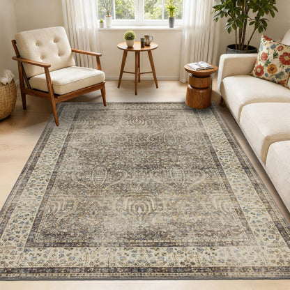 Brown 5x7 Area Rugs for Living Room, Vintage Washable Rugs with Non-Slip Backing, Low Pile Retro Soft Carpet for Bedroom, Study Room, Home Office, Dining Room, Brown