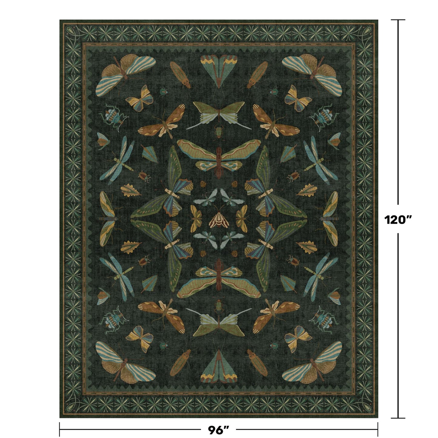 Hazo Haus Dark Green Insect Area Rugs 8x10 for Living Room, Dining Room Under Table, Bedroom, Unique Washable Floral Non Slip Low Pile Soft Rug
