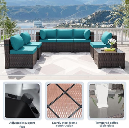 Kurapika 12 Pieces Patio Furniture Set, Rattan Wicker Sofa Set, Outdoor Conversation Sets w/Swivel Rocking Chairs Patio Sectional Sofa w/4 Inch Cushion, Blue