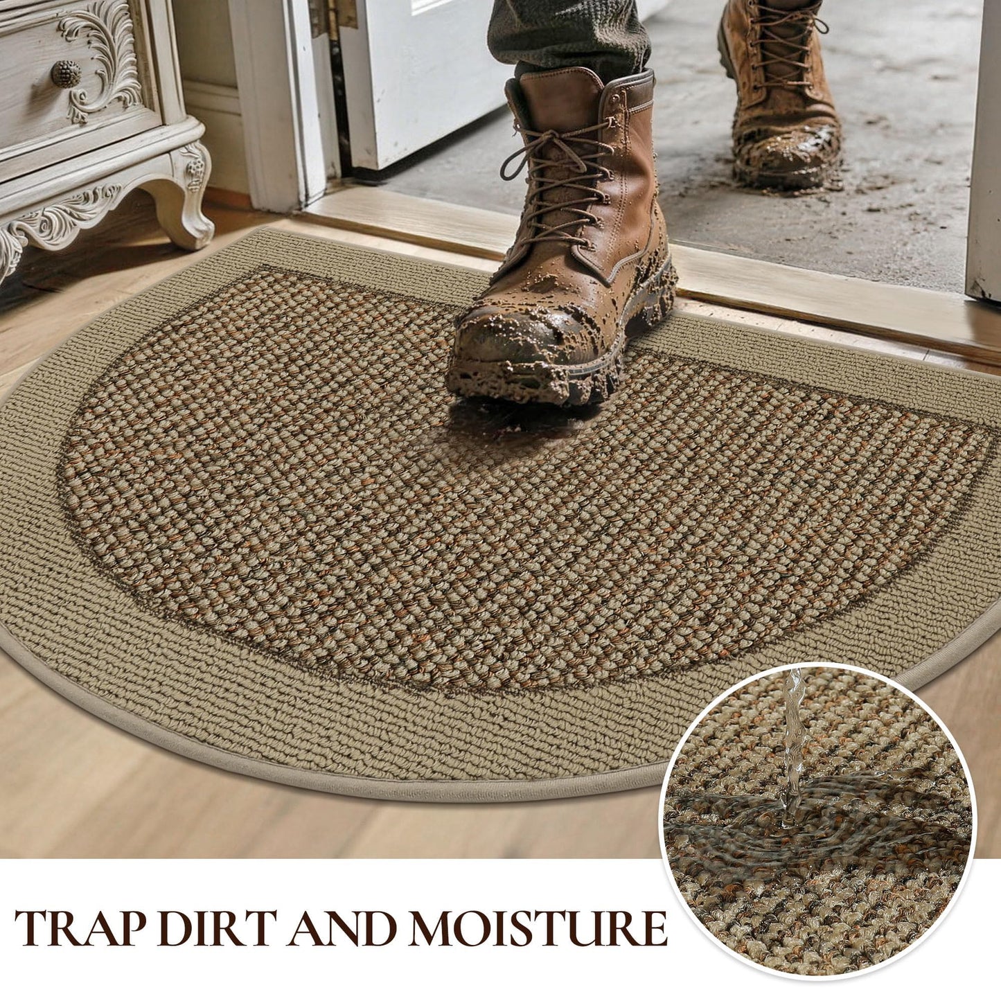 FLOORHUG Half Circle Door Mat Indoor Entrance Welcome, Non-Slip Washable Doormat, Trap Dirt and Moisture, Low Profile Mats for Indoor Entry, 17"x30", Beige