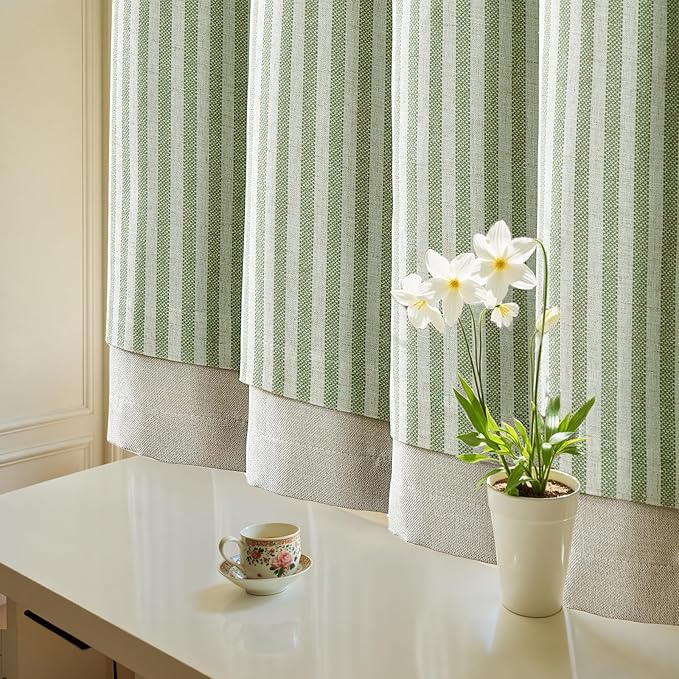 jinchan Double Layer Striped Linen Kitchen Tier Curtain Rustic Cafe for Living Room Bathroom Half Window Curtain Light Filtering Rod Pocket 1 Panel 24 Inch Sage Green