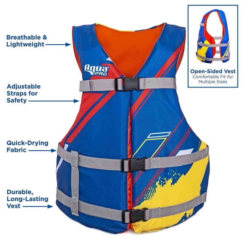 Oceans 7 USCG Universal Fit Adult Sized Life Jacket – Type III PFD Fits Chest Size 30” - 52” – Flexible-Fit Open-Sided Design – Blue/Red/Yellow