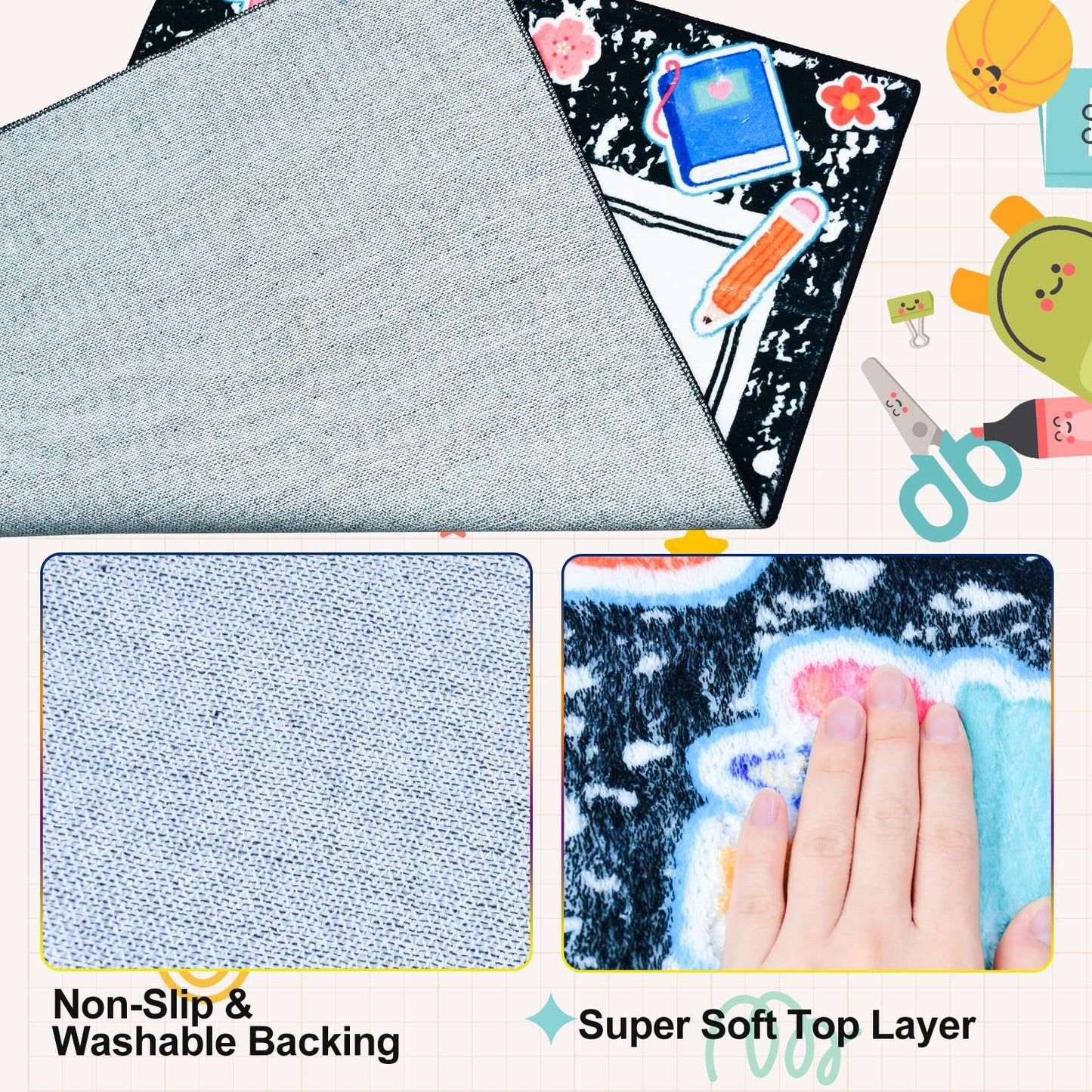 2 * 3feet Composition Notebook Classroom Rug Soft Educational Area Rug Kids Playroom Non-Slip Educational Learning Mat Play Carpet for Classroom Nursery Learning Corner Decor