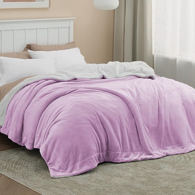 Bedsure GentleSoft Sherpa Fleece Blankets Queen Size for Bed - Thick and Warm Throw for Girls, Soft Fuzzy Plush Queen Blanket for Winter, Lilac, 90x90 Inches