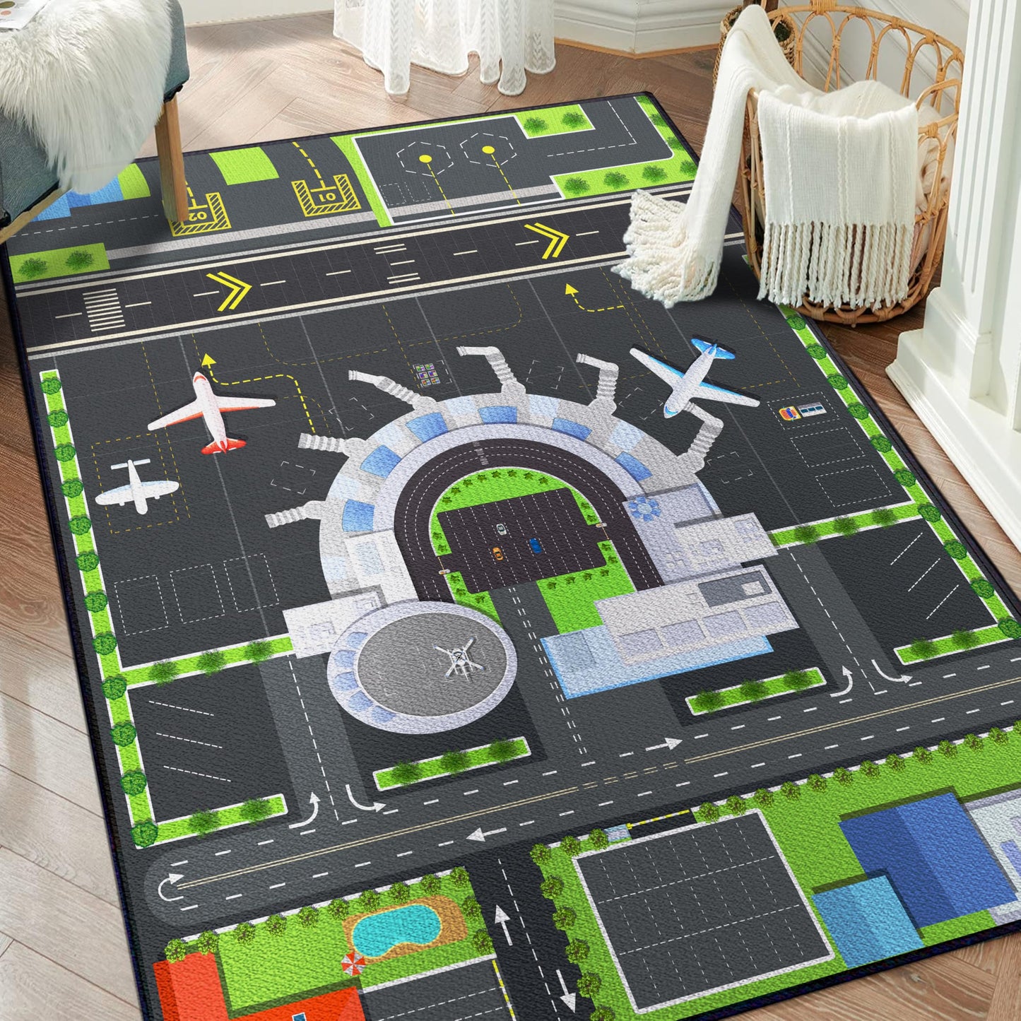 Isyorefam Play Rug for Kids Playroom, 2x3 Airport Carpet with City Road Traffic System and Aircraft Runway, Airport Playmat Airplane Rugs Non-Slip Washable Area Mat for Boys Bedroom