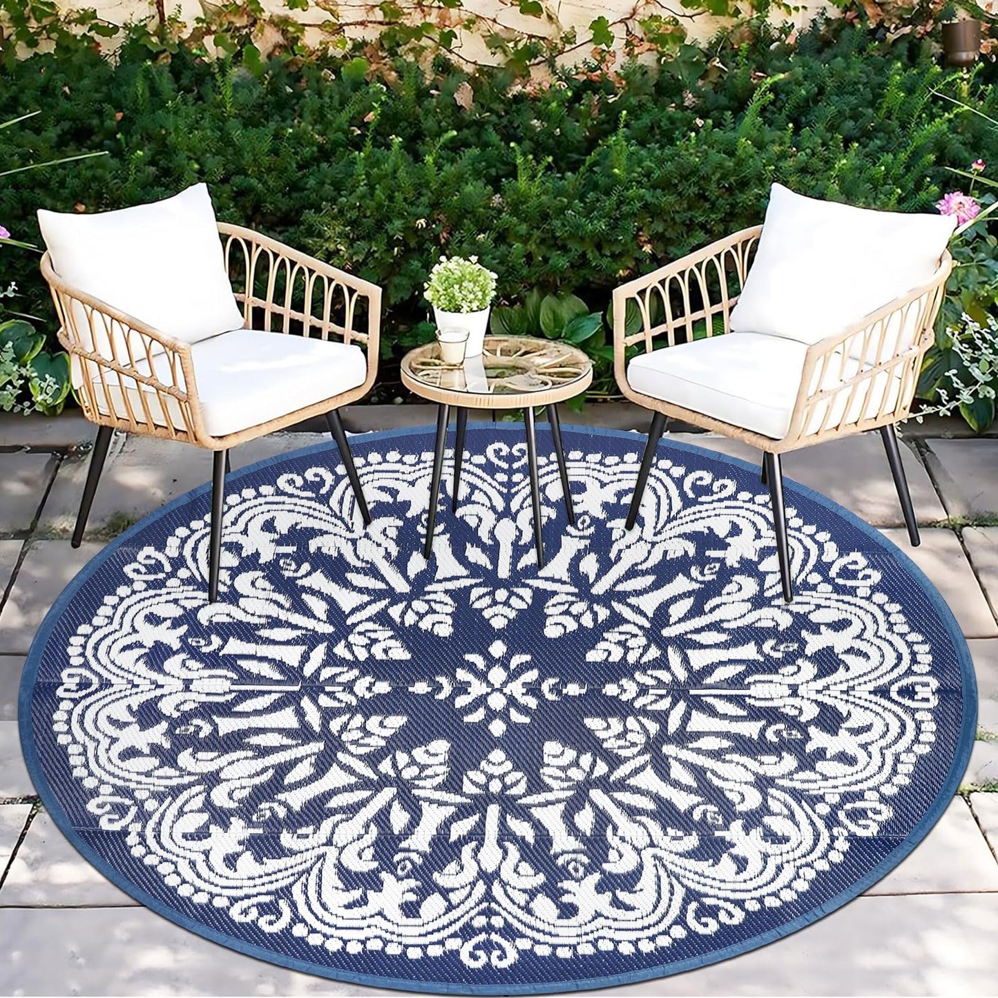 Homcomoda Round Outdoor Patio Rugs 6Ft Waterproof Indoor Outdoor Area Rugs Clearance Reversible Straw Rugs Circle Area Rugs for Porch Garden Deck Backyard Balcony