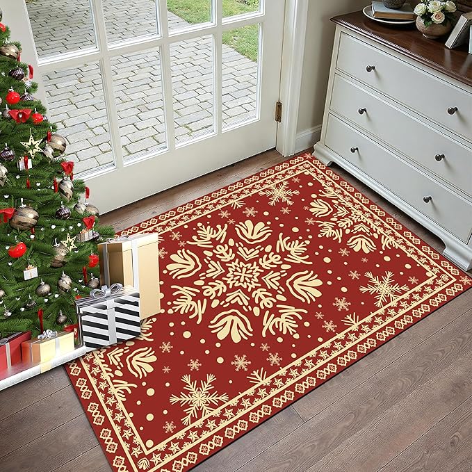 3' X 5' Christmas Area Rugs Snowflake Rug Washable for Indoor Entryway Bedroom Living Room Dorm Laundry Classroom Red Xmas Doormat for Kids Girls Women Floor Mat Pad Carpet