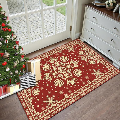 2' X 3' Christmas Rug Snowflake Area Rug Indoor Washable for Kids Girls Boys Women Entryway Dorm Laundry Xmas Doormat Red Merry Christmas Indoor Floor Mat Pad Carpet
