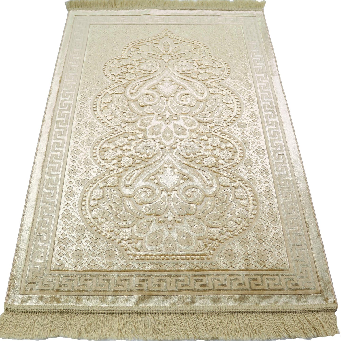 Modefa Luxury Velvet Prayer Rug with Prayer Beads | Soft Elegant Muslim Turkish Janamaz Sajada Carpet for Men and Women | Plain Solid Prayer Mat Ramadan Eid Gift - Paisley (Golden Yellow)