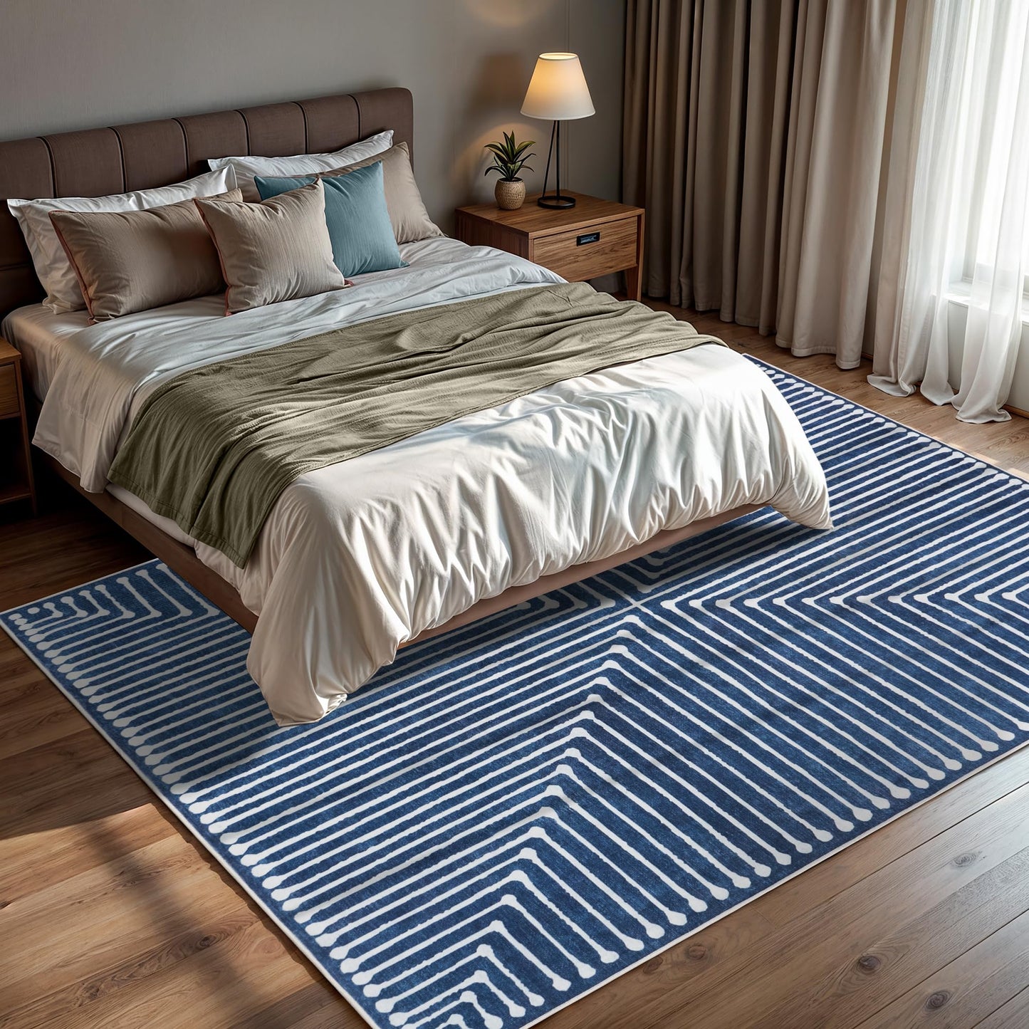 GLN Rugs Contemporary - Assos - Machine Washable Area Rug, Modern Washable, Non Slip, Low Pile Area Rug, Entryway, Hallway, Kitchen Rug - Easy Clean (3' x 5' Lines Blue)