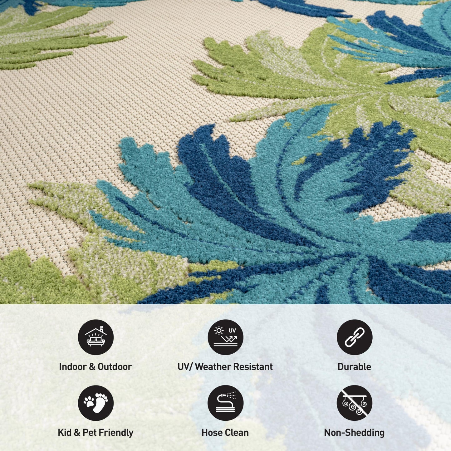 Rugshop Indoor/Outdoor High-Low Textured Area Rug, Palm Border, Easy-Clean Patio Rug for Porch Deck Balcony 4' x 6' Beige/Multi