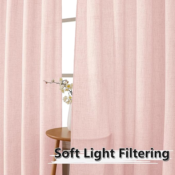 Tollpiz Linen Tier Curtain Rod Pocket Semi Sheer Half Kitchen Curtains Burlap Light Filtering Thick Linen Drape for Bathroom, 30 x 36 inches Long, Pink, Set of 2 Panels