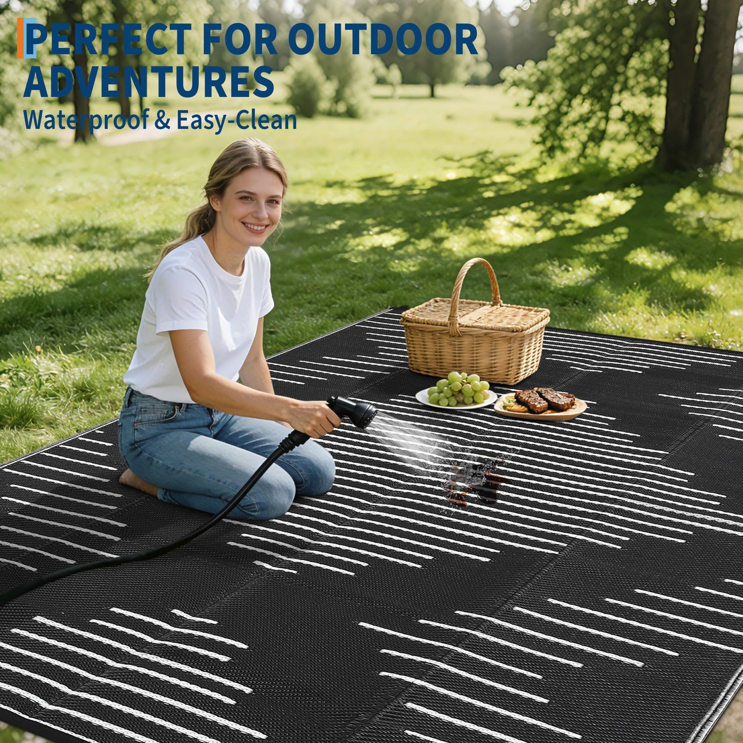 Garvee Waterproof Outdoor Rug 5x8 Rug Plastic Reversible Area Rugs Indoor Outdoor Carpet for Patio RV Porch Balcony Backyard Picnic Black White