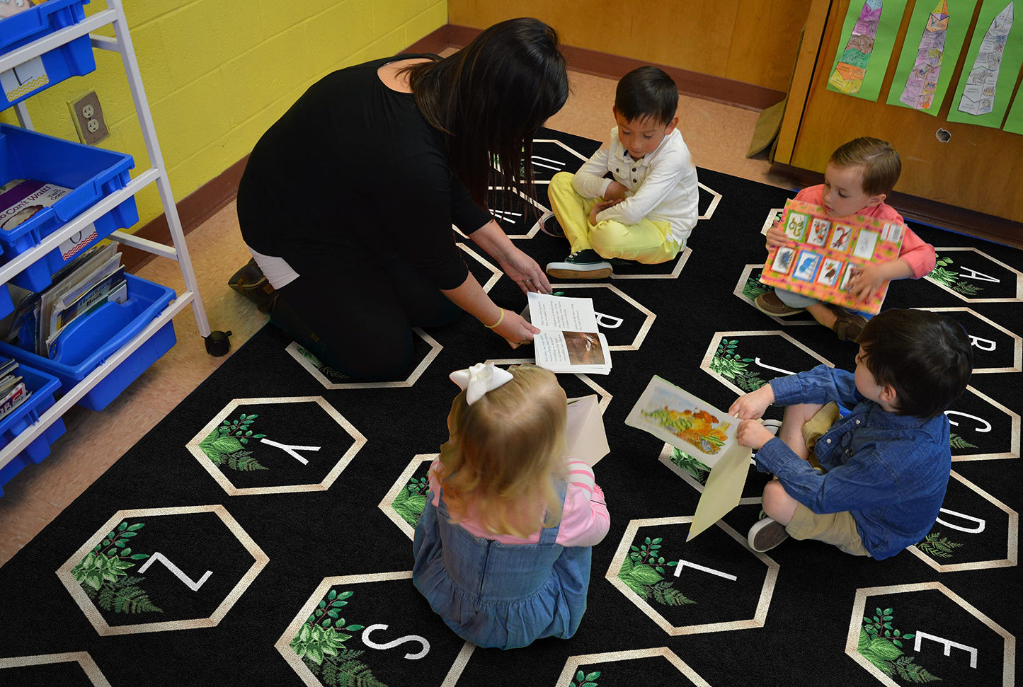 Flagship Carpets Simply Boho Abc's Criss Cross Applesauce Classroom Area Rug for Indoor Classroom Learning or Kid Bedroom Educational Play Mat, 7'6"x12', Black