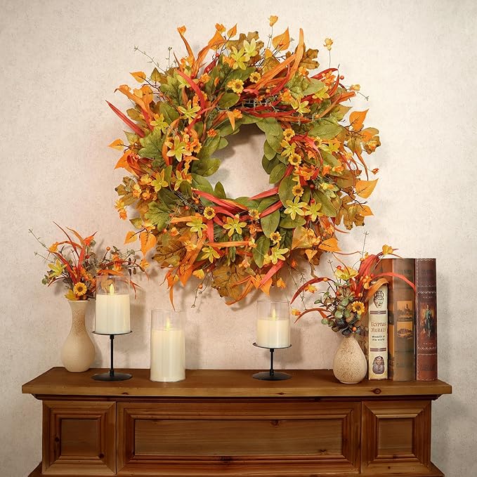 Fall Wreath for Front Door, 24 Inch Autumn Wreath with Berries,Lemon Leaves, Oak Leaves, and Maple Leaves Fall Decorations for Home, Artificial Flowers Harvest and Thanksgiving Indoor & Outdoor
