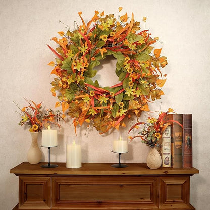 Fall Wreath for Front Door, 24 Inch Autumn Wreath with Berries,Lemon Leaves, Oak Leaves, and Maple Leaves Fall Decorations for Home, Artificial Flowers Harvest and Thanksgiving Indoor & Outdoor