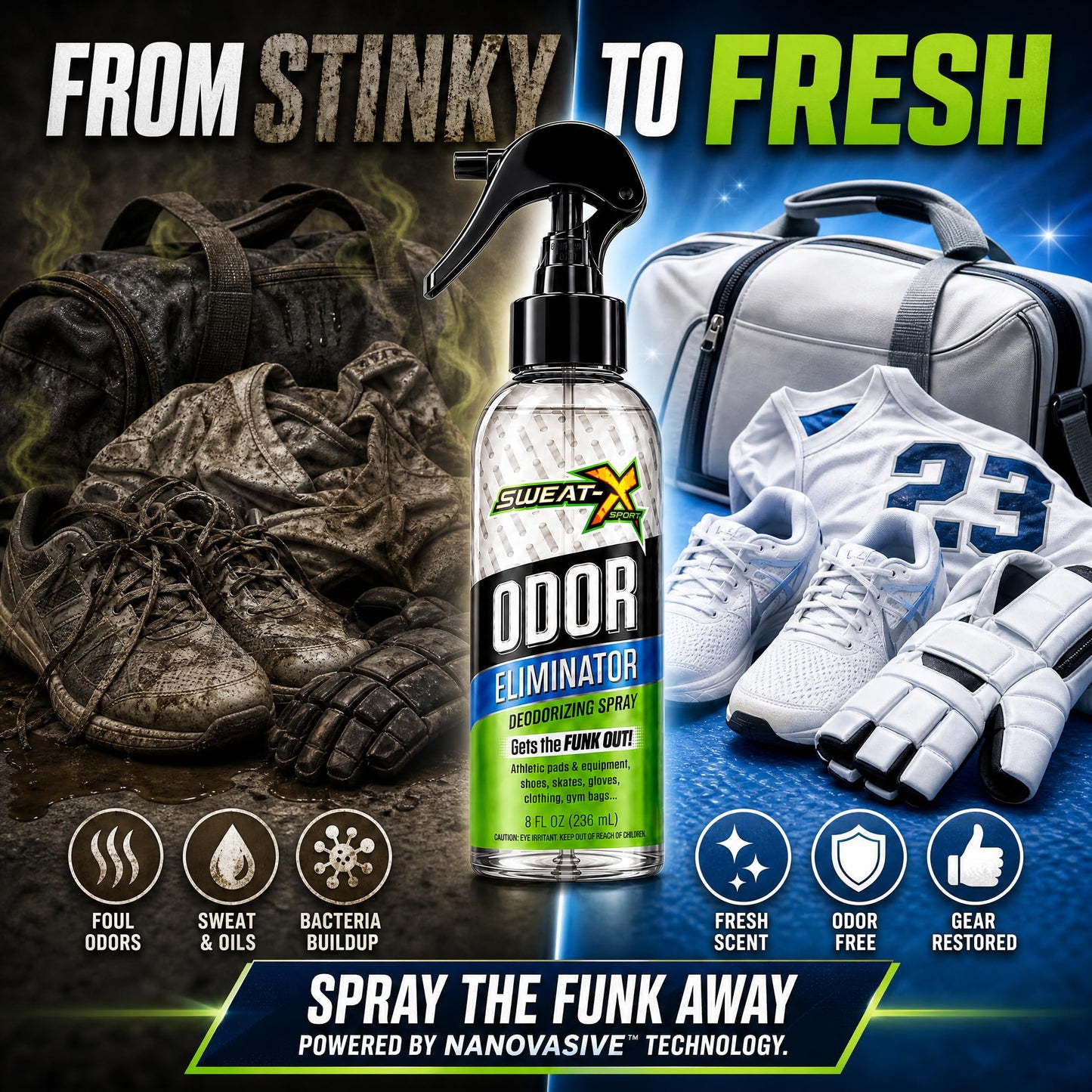 Sweat X Sport Extreme Odor Spray – Multipurpose Deodorizer for Stinky Shoes, Clothes, Sports Equipment & All Fabrics – Concentrated Formula, No Washing Required - Active Fresh Scent – 8 Fl Oz