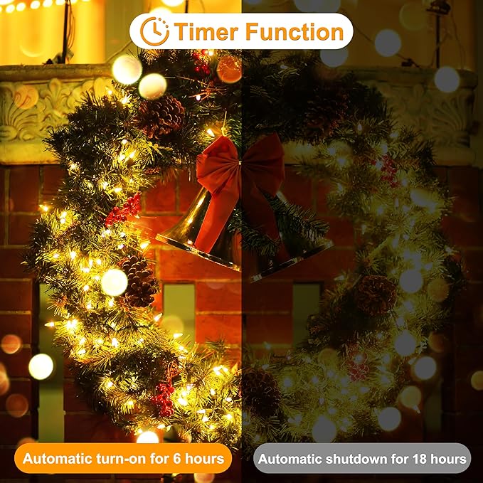 Christmas Light, 100 LED Battery Operated Christmas Lights with Timer for Indoor Outdoor Wreath Wedding Party Garden Home Decor, Waterproof, Warm White 39.5FT