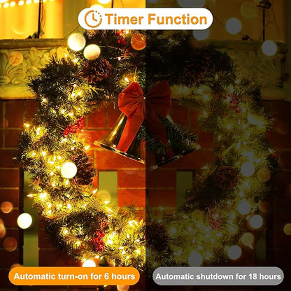 Christmas Light, 100 LED Battery Operated Christmas Lights with Timer for Indoor Outdoor Wreath Wedding Party Garden Home Decor, Waterproof, Warm White 39.5FT