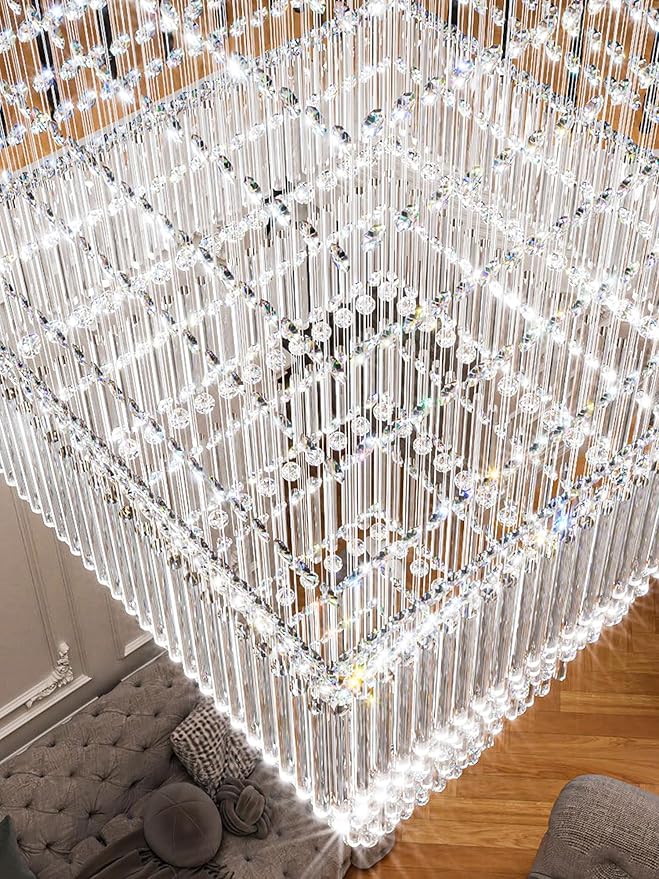 Flashing God D48''X H120'' Large Crystal Chandeliers for High Ceiling Square Crystal Raindrop Chandelier, Foyer Long Lighting Fixtures for Foyer Entryway Villa Silver ﻿
