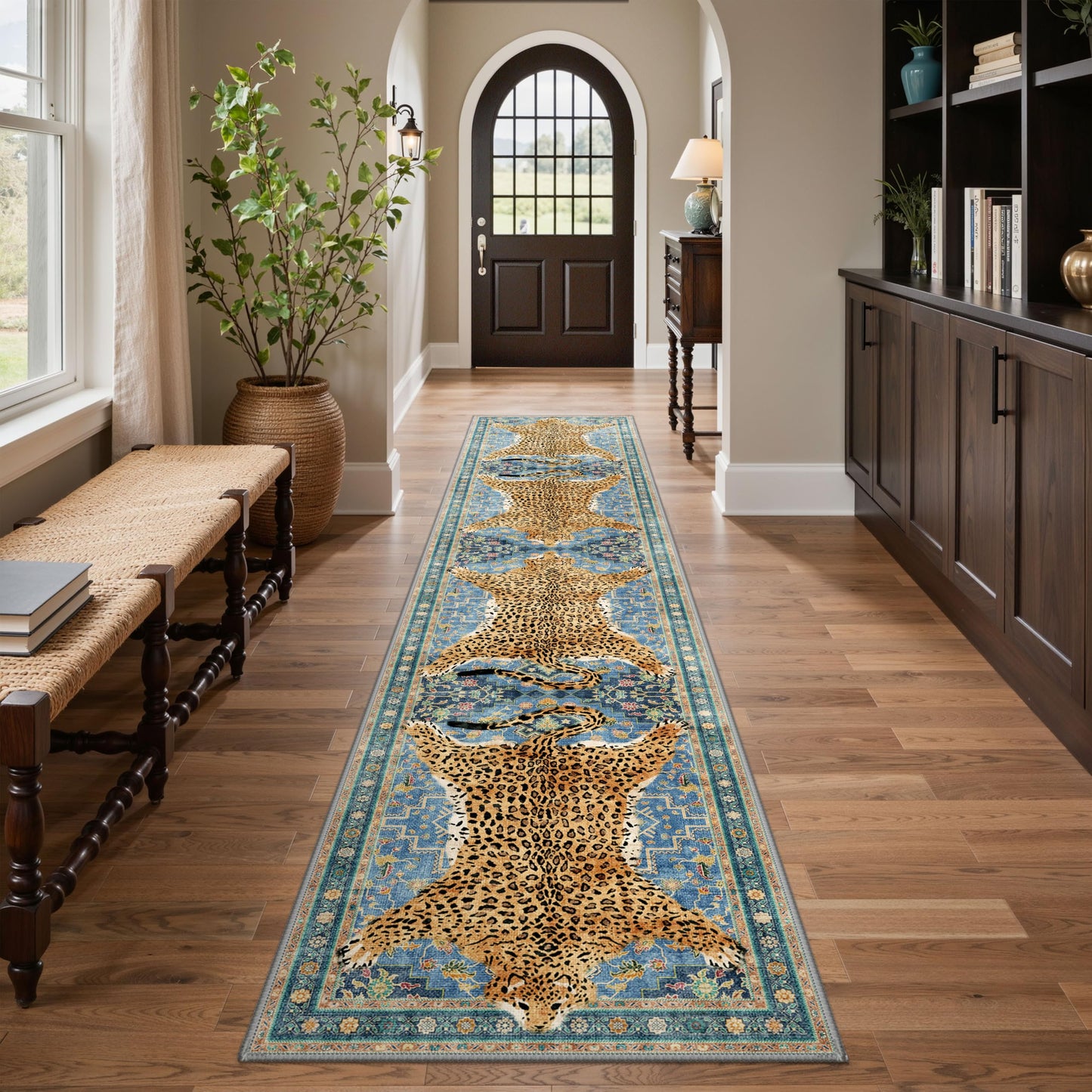 Bavni 2x6 Leopard Rug, Soft Cheetah Rug Animal Print Kitchen Rug Washable Runner Rug Non Slip, Low Pile Runners for Hallway Print Woodland Jungle Carpet for Entryway Playroom Bedroom, Blue