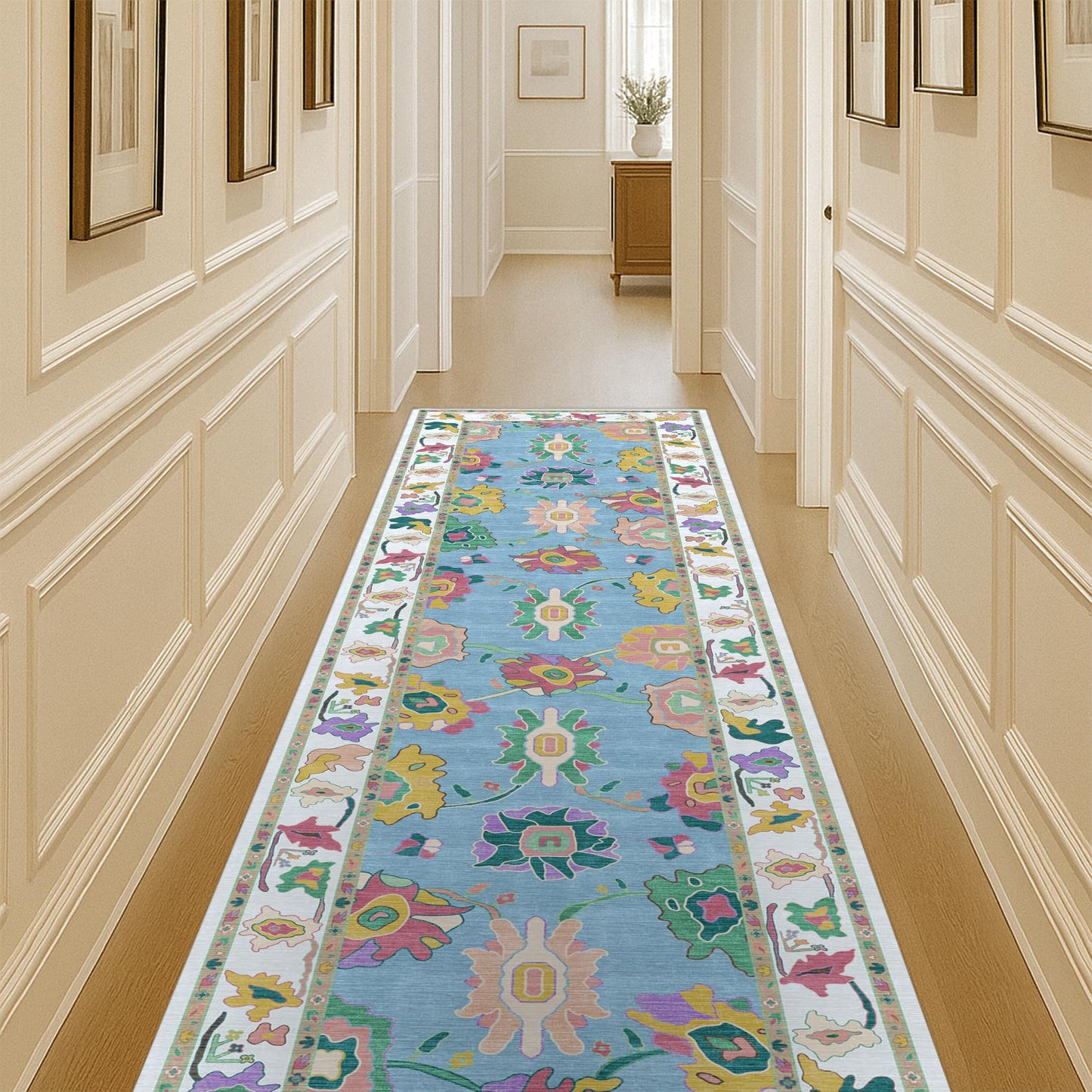 Fame Living Colorful Oushak Runner Rug, Modern Runners, Turkish, Eclectic, Floral, Pastel, Washable, Small Throw Rugs, Short Runner for Entryway, Laundry, Foyer, Bedroom, Kitchen, Bathroom, 2'5"x6'5"