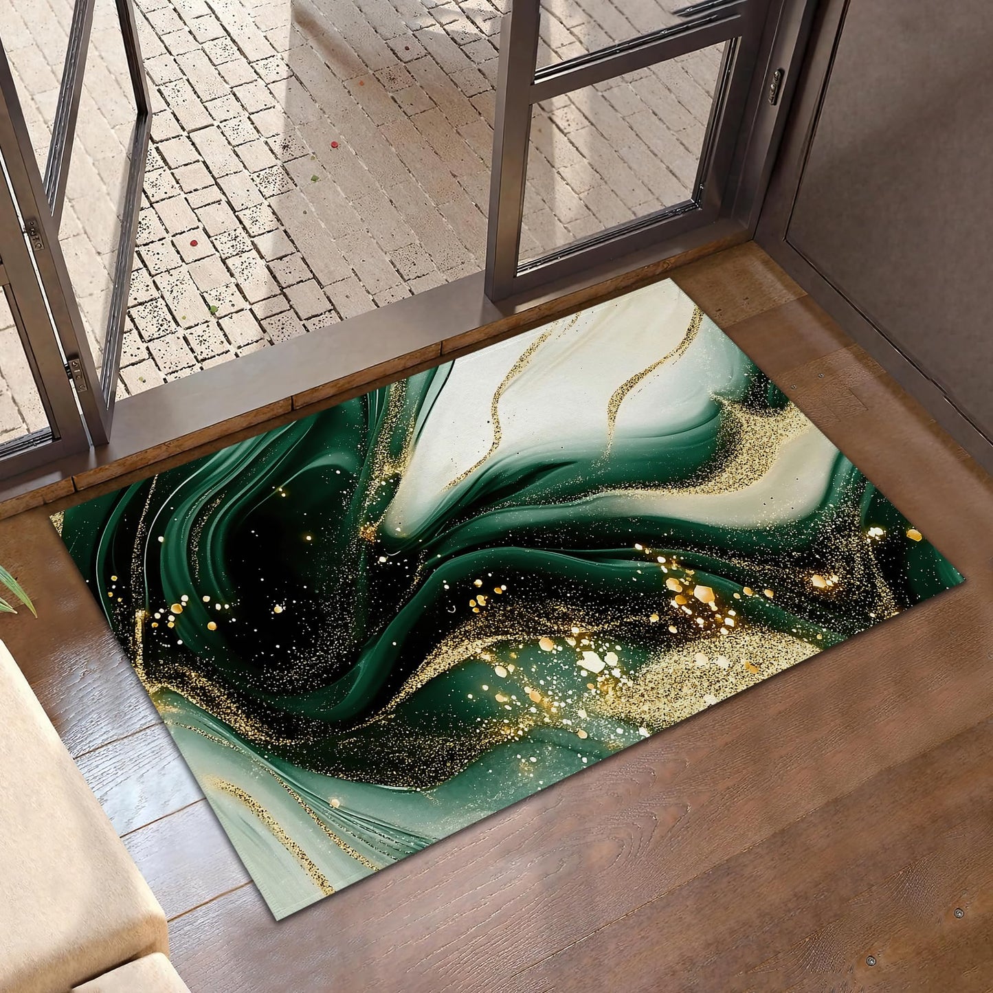 Green Gold Marble Welcome Mat,Modern Abstract Indoor Rugs for Entryway,Anti-Slip Low Profile Doormats Porch Mats for Front Door Stairway Rug Living Room Floor Mat 30 x 17 Inch