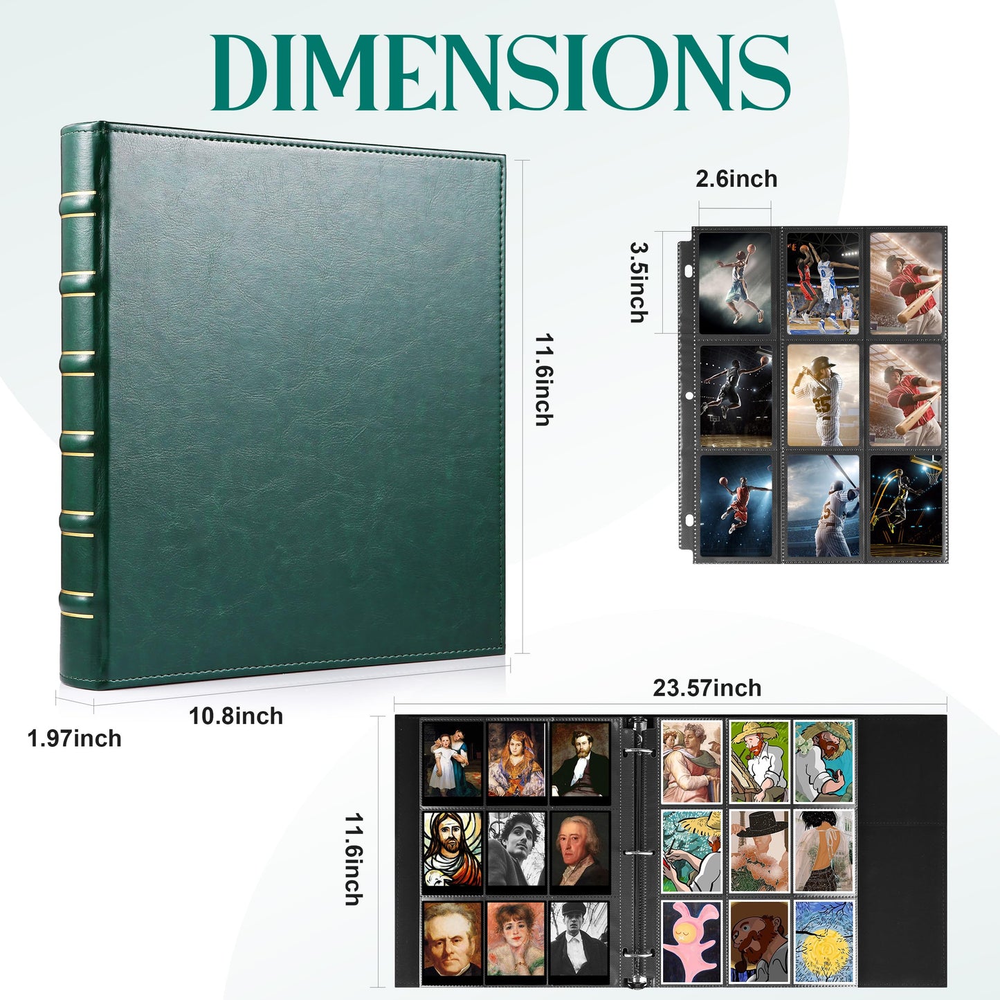 WOT I Deluxe Trading Card Binder, 450 Pockets Collectible Card Binder Sleeves, Refillable Leather 3 Ring Binder with Side-load Pocket Card Pgaes for Holding Cherished Cards - Green
