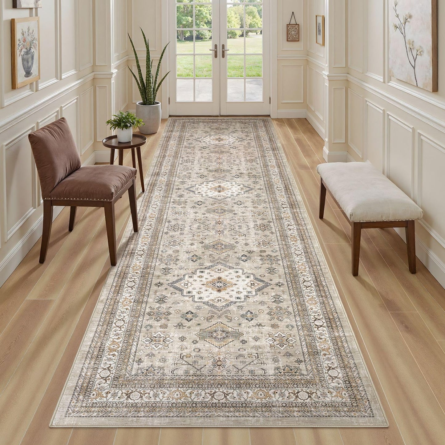 Vintage Hallway Runner Rug 3x8: Large Soft Washable Entryway for Kitchen Laundry Room Non-Slip Backing Runner for Entrance Living Room Bedroom Bathroom - Beige