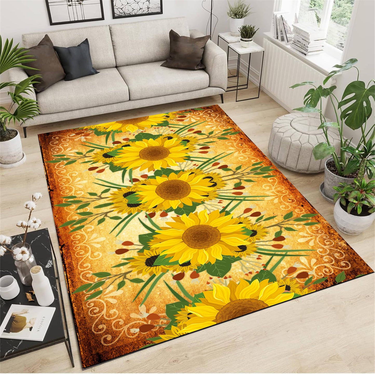 AOESELN Yellow Sunflower Area Rug,3x5ft Farmhouse Country Floral Rug, Non-Slip Washable Low Pile Soft Indoor Rug for Living Room, Bedroom, Dining Room, Office, Study, Kitchen