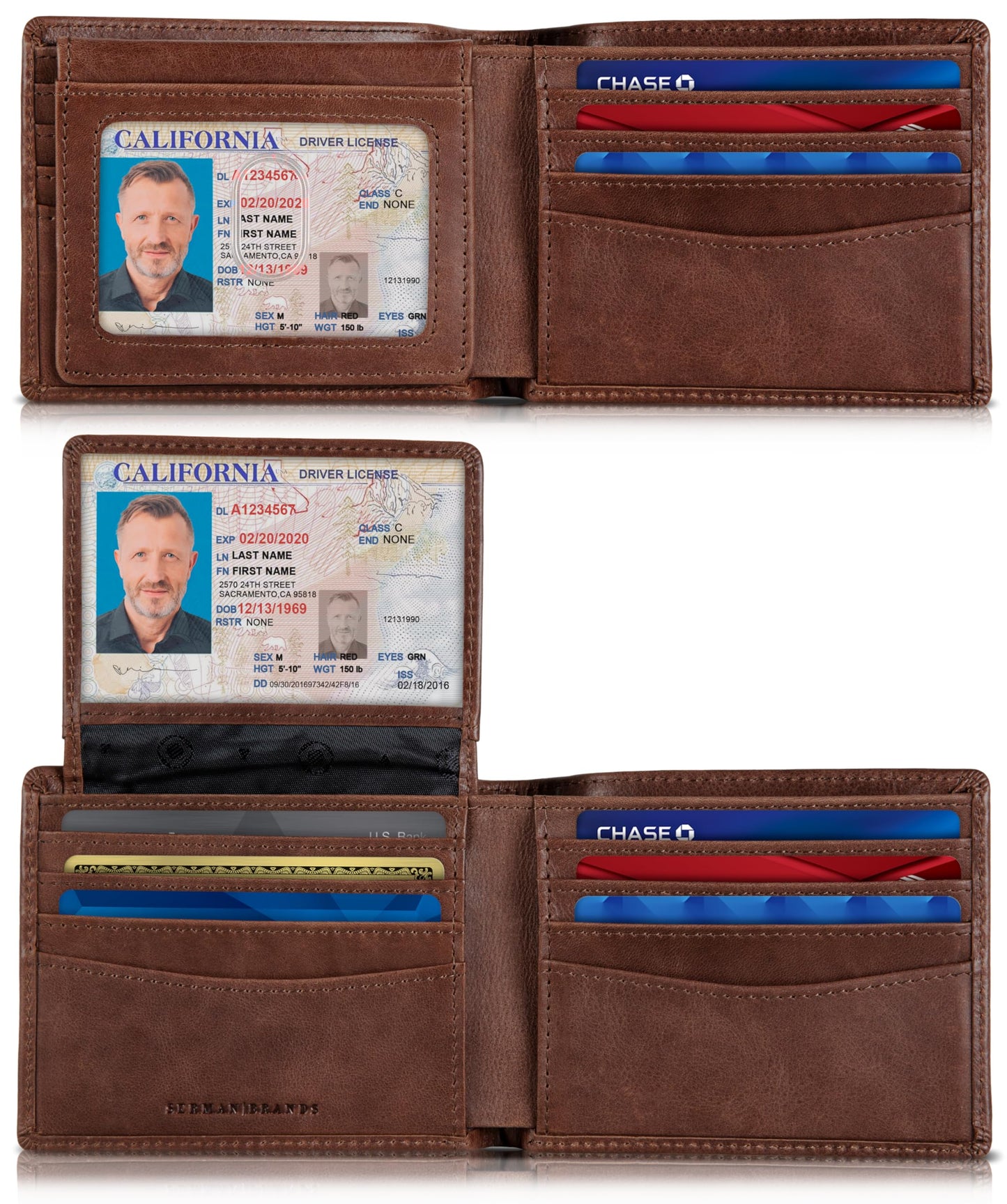 SERMAN BRANDS 2 ID Window Wallet for Men RFID Blocking Leather, Bifold Top Flip, Extra Capacity Travel Wallet (Morning Roast Executive)