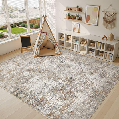 10x14 Area Rugs for Living Room: Washable Large Neutral Abstract Rug Soft Non Slip Stain Resistant Low Pile Indoor Carpet for Bedroom Dining Room Nursery Office Playroom - Brown Grey