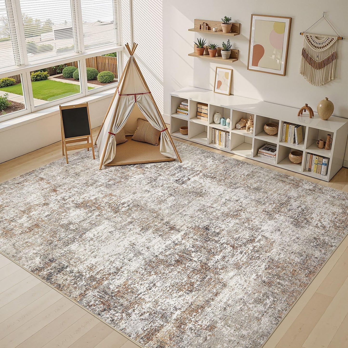 9x12 Area Rugs for Living Room: Washable Large Neutral Abstract Rug Soft Non Slip Stain Resistant Low Pile Indoor Carpet for Bedroom Dining Room Nursery Office Playroom - Brown Grey