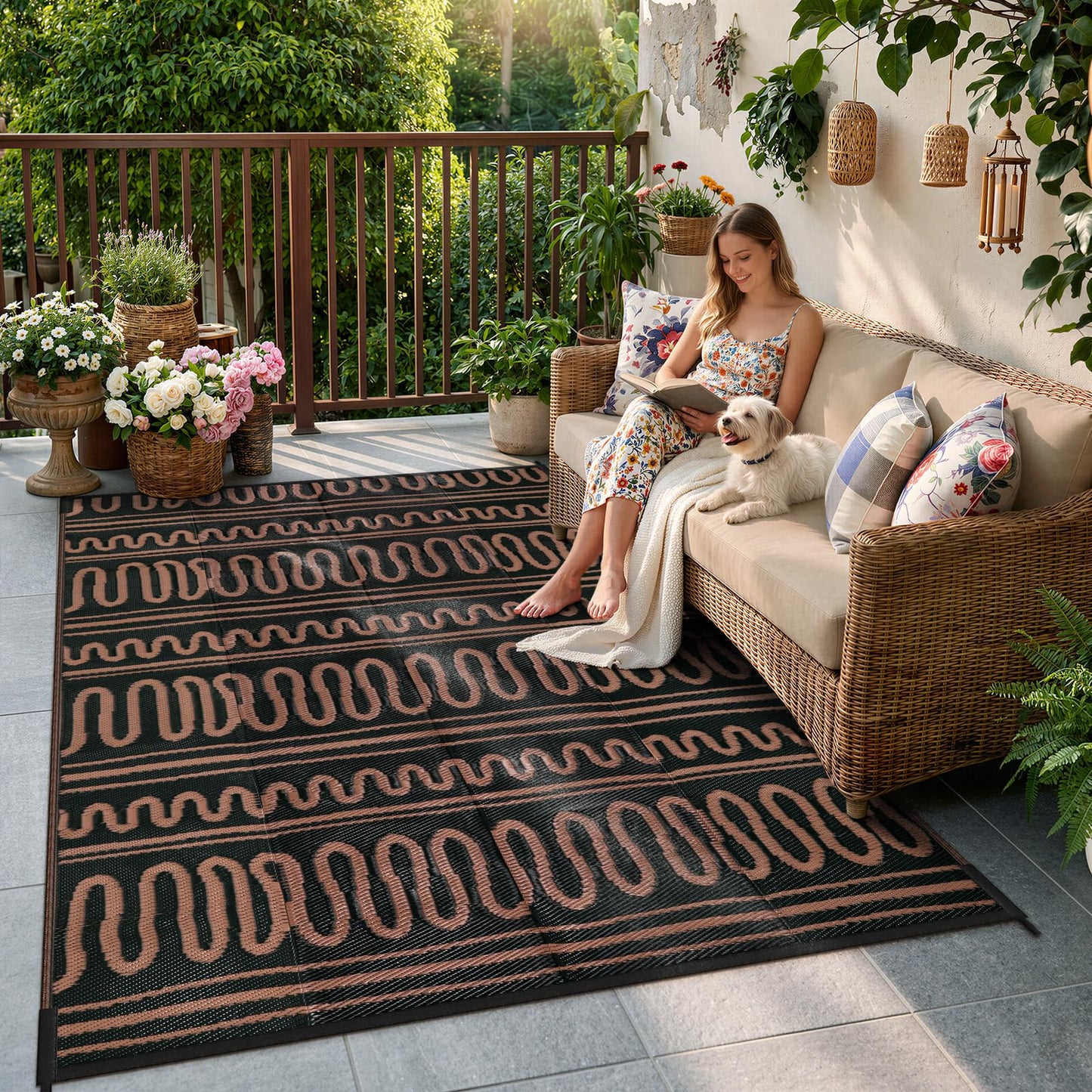 Beeiva Outdoor Rug 8x10 Waterproof for Patio, Reversible Plastic Straw Rug for Deck, Backyard, RV Camping, Black Brown