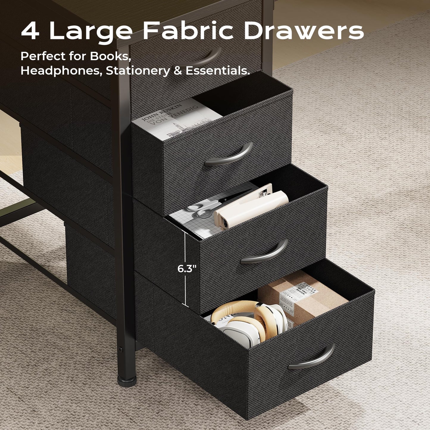 Huuger 55 Inch L Shaped Desk with Fabric Drawers, Reversible Computer Gaming Desk with Power Outlets and USB-C Port, Adjustable Side Storage Shelves, for Work Study Corner Home Office, Black