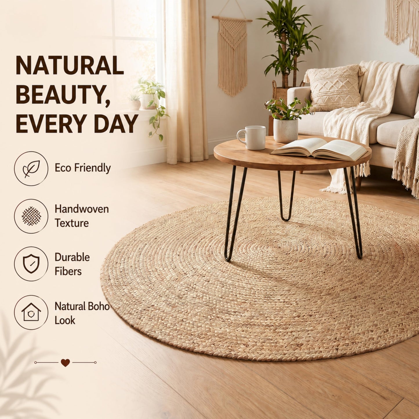 Jute Braided Area Rug, Natural - 4 Feet Round, Boho Neutral Rattan Circle Hand Woven Rugs for Living Room, Bedroom, Nursery, Kitchen, Indoor Use | Farmhouse Rustic Patio Floor Mat for Home Décor