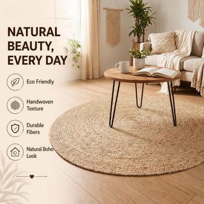 Jute Braided Area Rug, Natural - 4 Feet Round, Boho Neutral Rattan Circle Hand Woven Rugs for Living Room, Bedroom, Nursery, Kitchen, Indoor Use | Farmhouse Rustic Patio Floor Mat for Home Décor