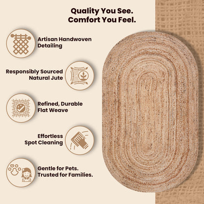 Craft Trade Oval Jute Area Rug, 3x5 Feet (36x60 Inch), Natural Braided Handwoven Floor Carpet, Reversible Oval Jute Rug for Entryway, Kitchen and Bedside