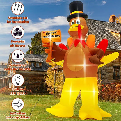 12FT Inflatable Turkey, LED Lighted Turkey Holding Happy Thanksgiving Sign for Fall Autumn Outdoor Yard Lawn Harvest Decor