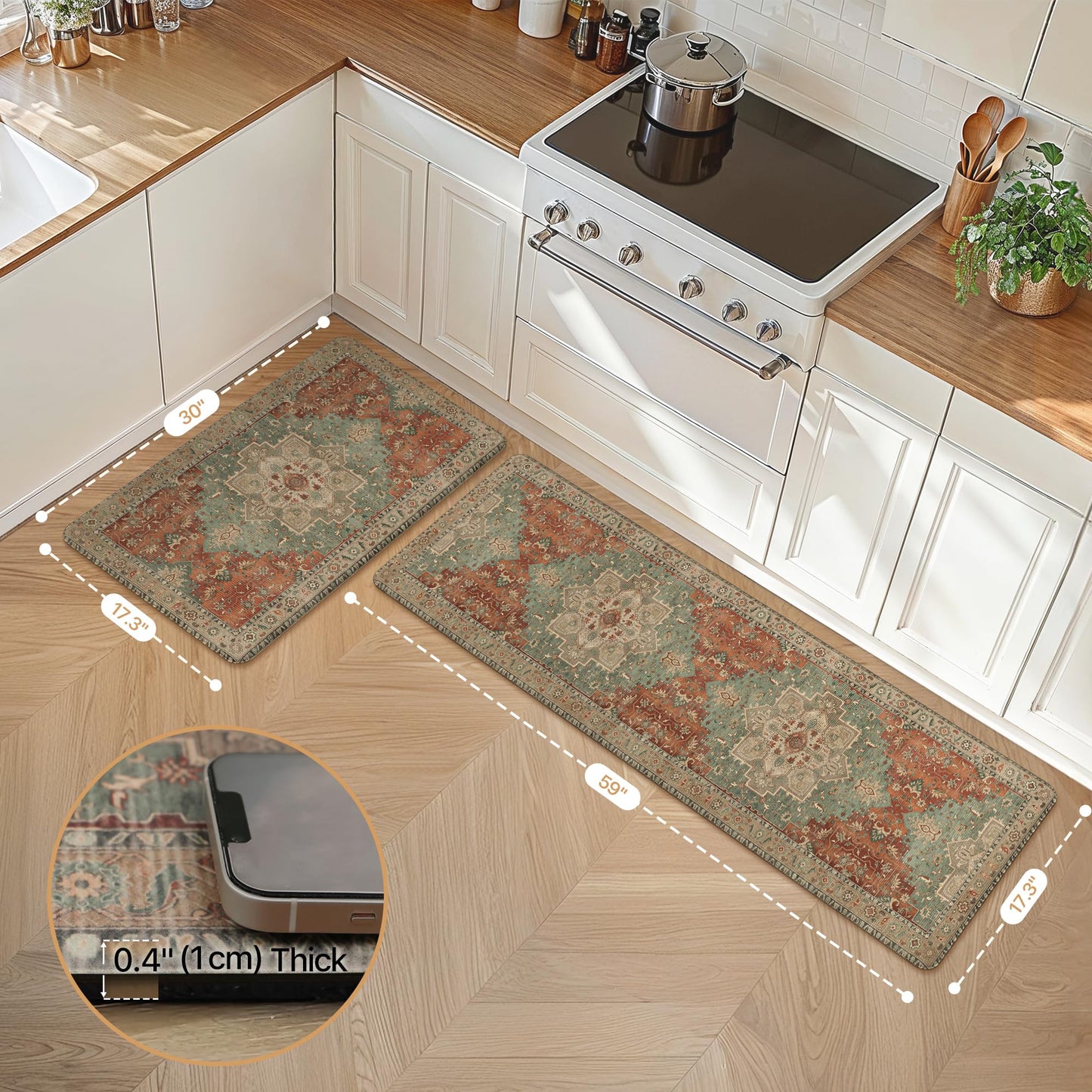 GENIMO Kitchen Mats for Floor 2PCs, Washable Anti Fatigue Mat for Cushioned, 17.3"x59"+17.3"x30", Waterproof Kitchen Rugs, Non Slip Comfort Standing Mat Rug for Home, Sink, Laundry, Multi