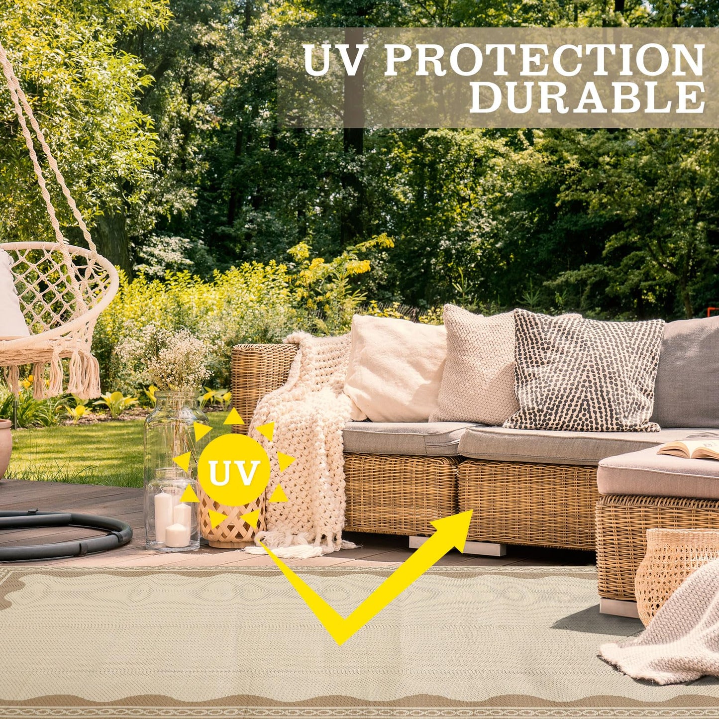 Dunzy Scalloped Outdoor Patio Rug, 5 x 8 ft Non-Slip Plastic Straw Carpet Indoor Outdoor Area Mat for Outside Rv Camping Deck Pool Beach Porch Backyard (Light Brown)