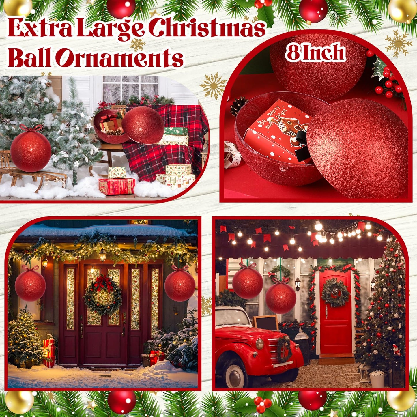 Zubebe 2 Pcs 8" Giant Fillable Christmas Ornaments with Ribbons Oversized Plastic Xmas Balls for Outdoor Lawn Yard Decor, Tree Hanging, Holiday Gifts(Glitter Red)