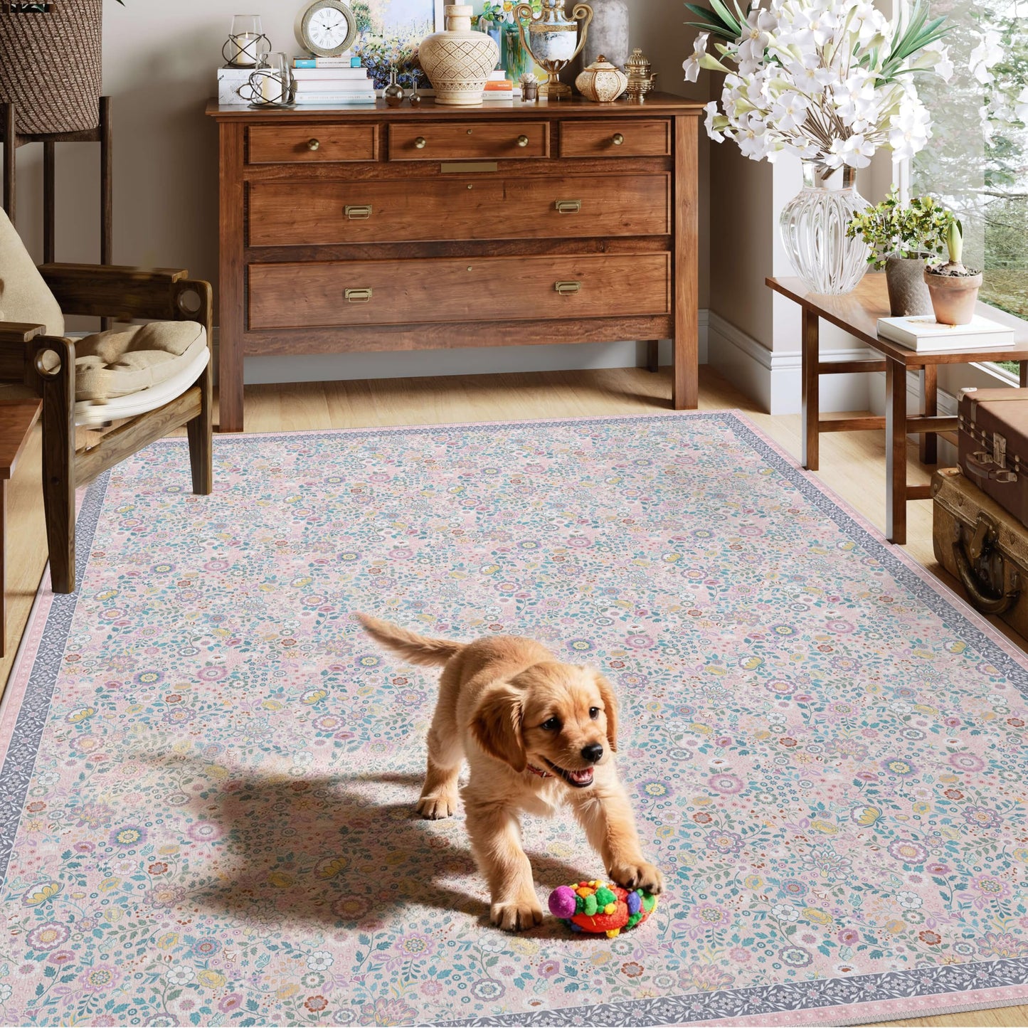 Clemile Floral Area Rug 5x7 - Washable Ultra-Thin Living Room Rug Non-Slip Carpets - Soft & Stain Resistant Rug for Kitchen Bedroom Dining Room Indoor Colorful Pink