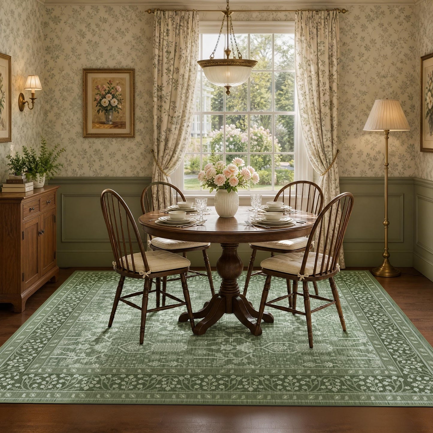 Deerly Boho Area Rug 4x6 Vintage, Thin Low Pile Soft Carpet with Non-Slip Backing Machine Washable Easy Clean Rugs for Kitchen Living Room Bedroom Dorm Laundry, 4x6ft Green