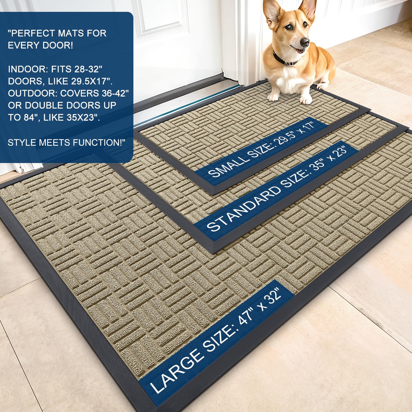 OLANLY Front Door Mat Outside Entrance 47x17, Absorbent, Heavy Duty Sturdy Natural Rubber Doormat Indoor Outdoor, Stain and Fade Resistant, Non-Slip Backing Low Profile Floor Mat for Entryway, Beige