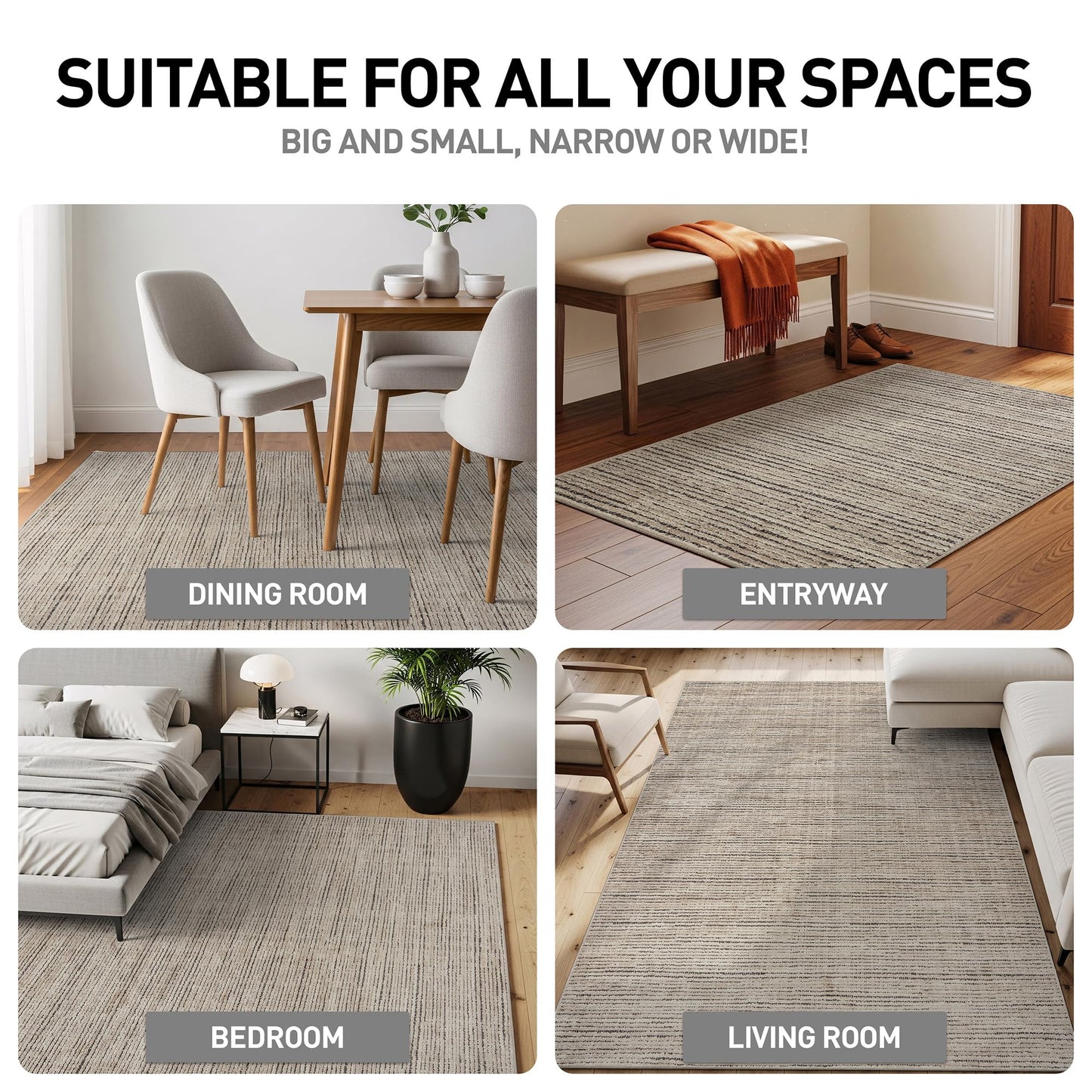 Rugshop Textured High-Low Indoor Area Rug, Neutral Stripe Design, Jute Backing, Living Room Bedroom Kitchen Rug, Easy-Care Spot Clean, 5' x 7' Beige/Gray