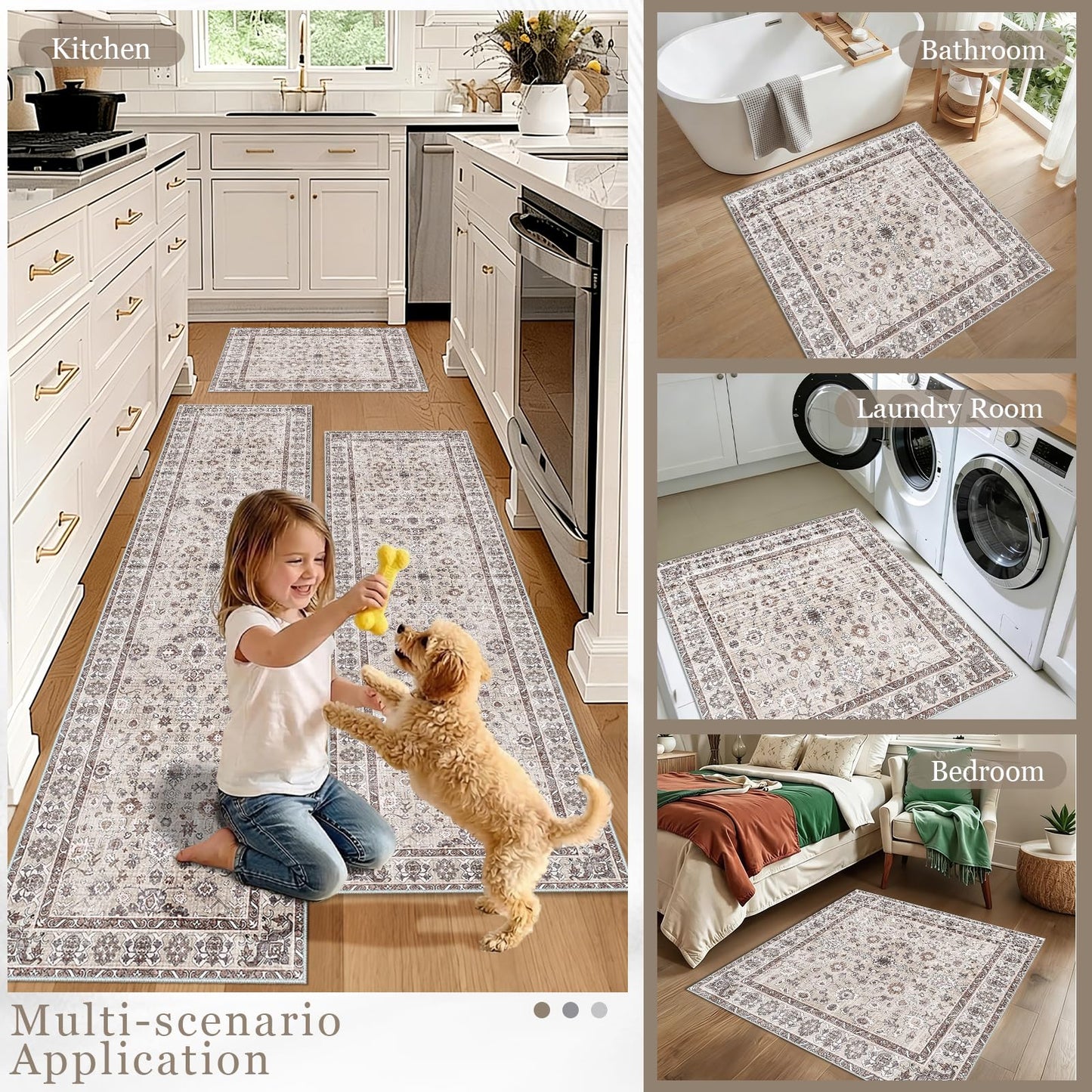 Washable 3x3 Square Rug for Entry Bathroom Kitchen Bedroom Carpet - Non Slip Stain Resistant Low Pile Soft Door mat - Protect Hardwood and Laminate Flooring Floral Farmhouse Decor 3x3 Beige