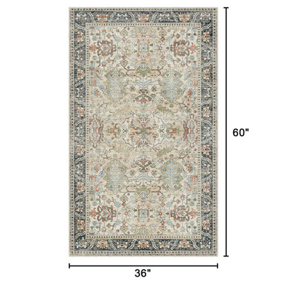 Bavni Area Rug 3x5, Non-Slip Washable Rugs for Living Room Office, Boho Distressed Printed Rug, Low Pile Foldable Decorative Carpet for Bedroom Kitchen Office, Ivory/Teal